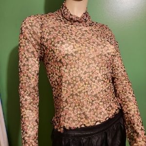 [La La Land] Ruffle trim sheer floral mock neck top.